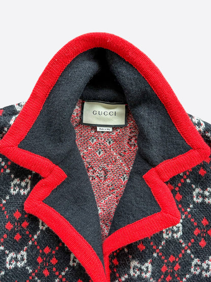 Gucci Black White & Red GG Monogram Alpaca Coat