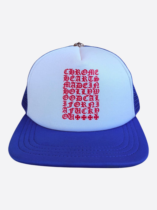 Chrome Hearts Blue, White & Red Eyechart Trucker Hat