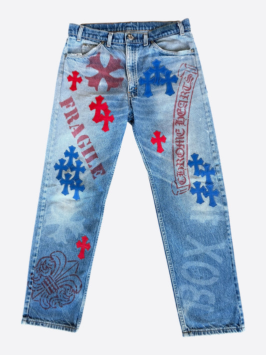 Chrome Hearts Levi's Blue & Red Cross Patch Stencil Jeans