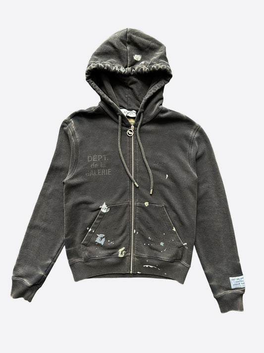 Gallery Dept Lanvin Washed Black Embroidered Paint Splatter Zip Up Hoodie