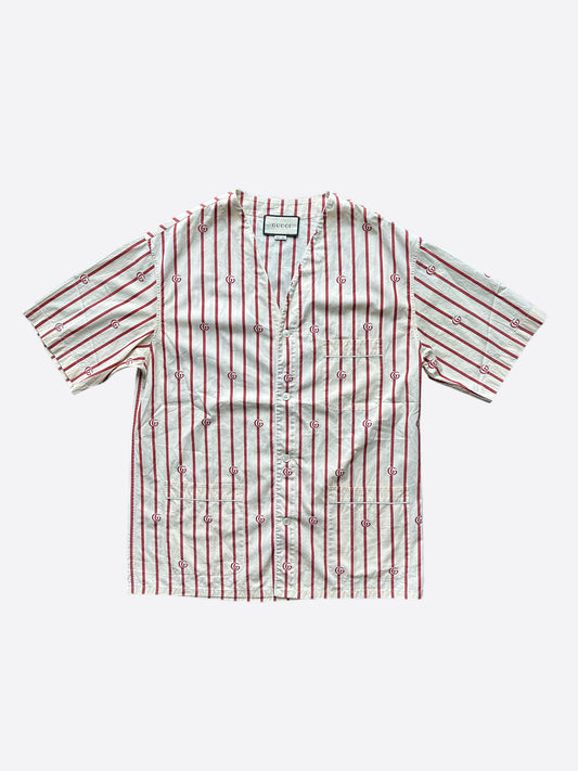 Gucci White & Red Striped GG Monogram Collarless Shirt