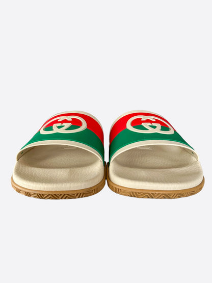 Gucci Cream Interlocking GG Logo Rubber Slides