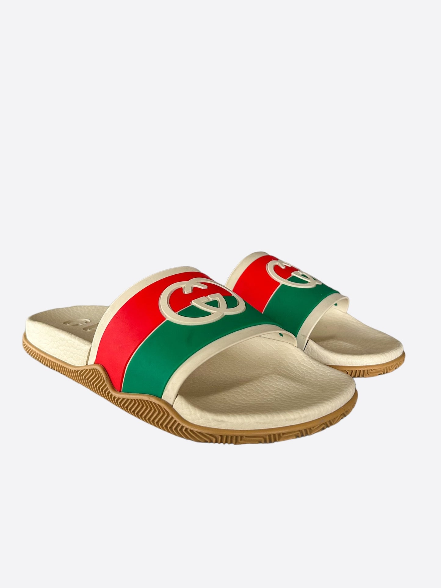 Gucci Cream Interlocking GG Logo Rubber Slides