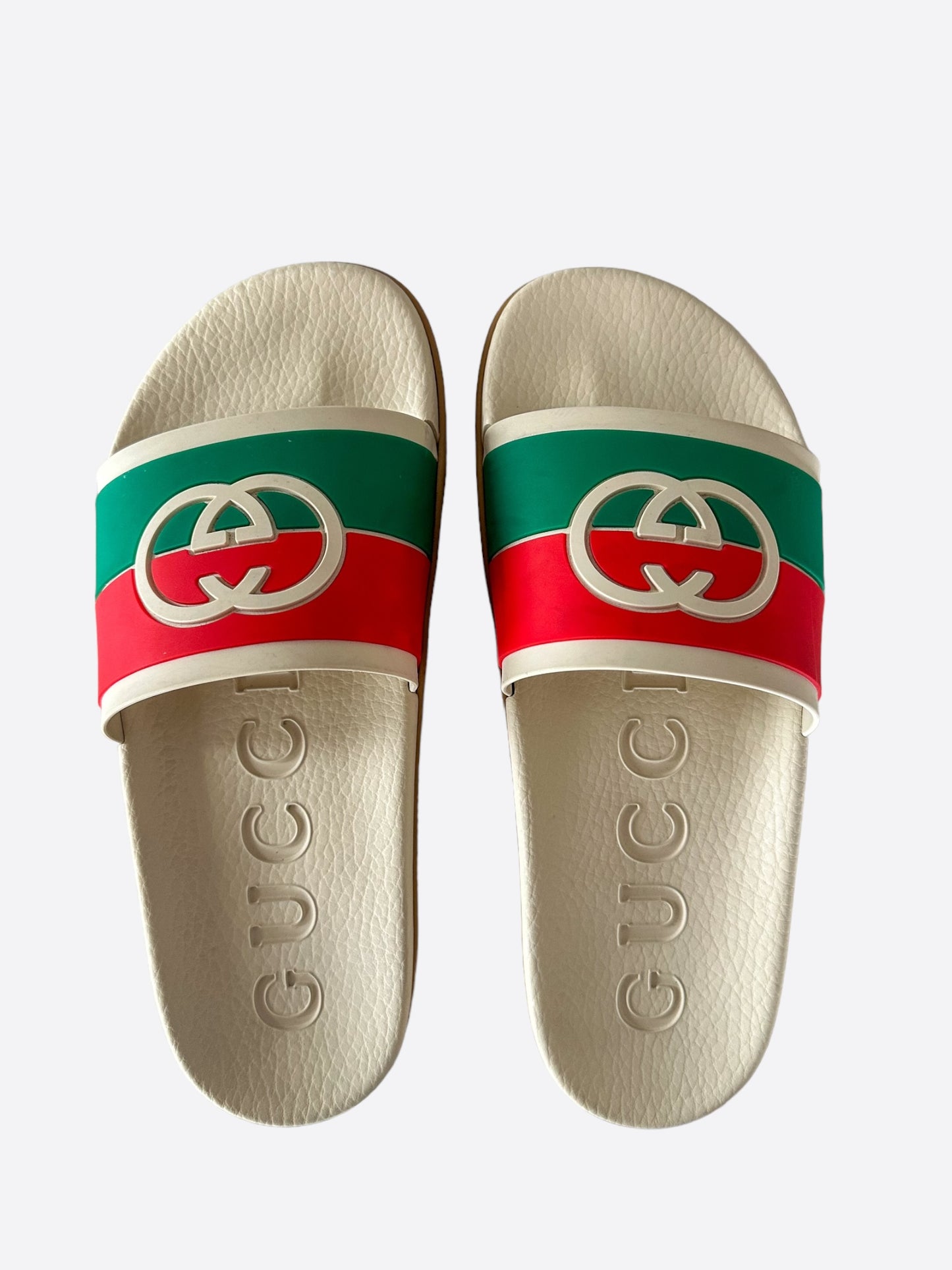 Gucci Cream Interlocking GG Logo Rubber Slides