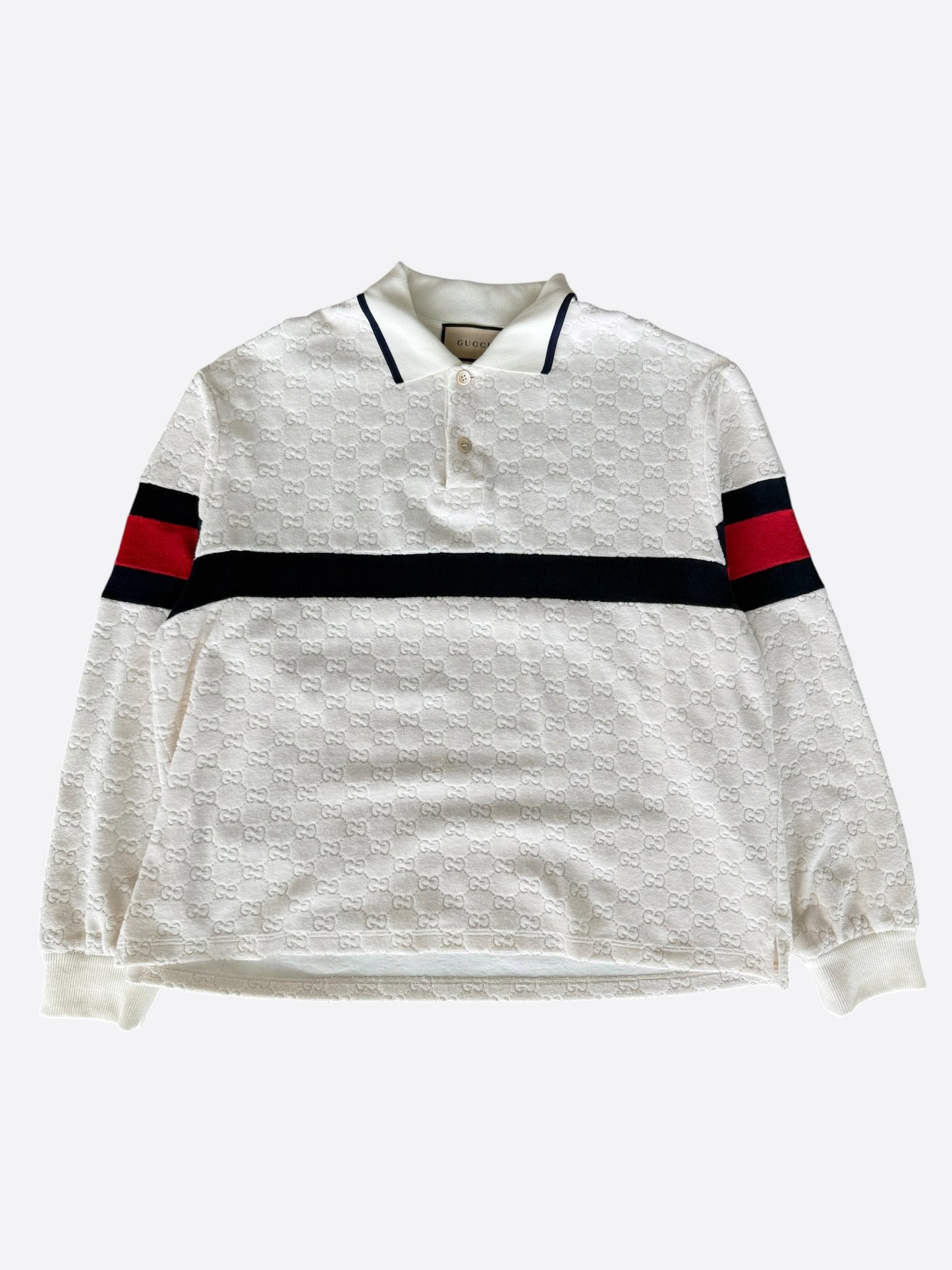 Gucci White GG Monogram Striped Terry Cloth Longsleeve Polo Shirt