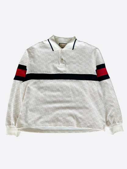 Gucci White GG Monogram Striped Terry Cloth Longsleeve Polo Shirt