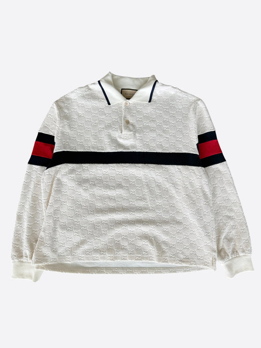 Gucci White GG Monogram Striped Terry Cloth Longsleeve Polo Shirt