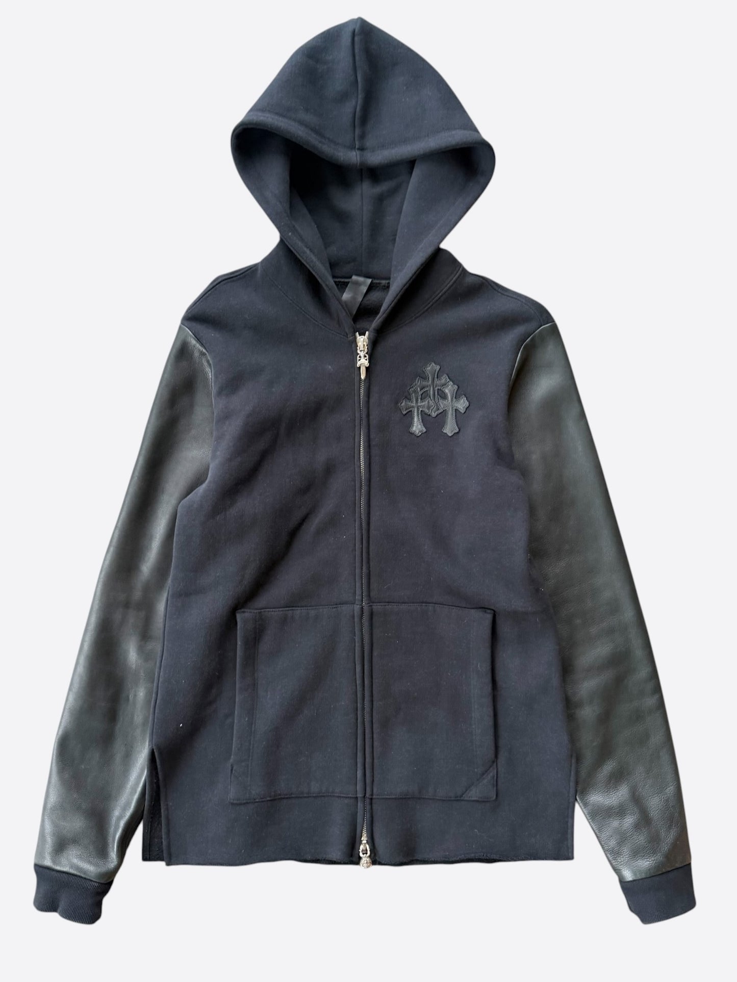 Chrome Hearts Black Leather Triple Cross Patch Zip Up Hoodie
