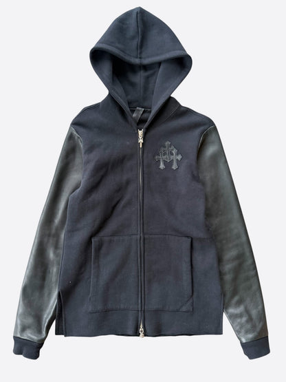 Chrome Hearts Black Leather Triple Cross Patch Zip Up Hoodie