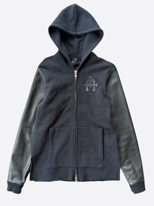 Chrome Hearts Black Leather Triple Cross Patch Zip Up Hoodie