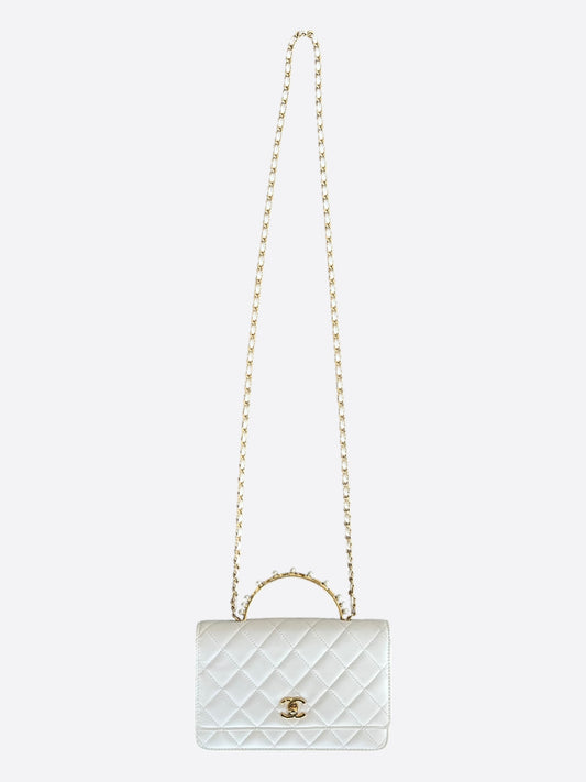 Chanel White Lambskin Quilted Top Handle Wallet On Chain Bag
