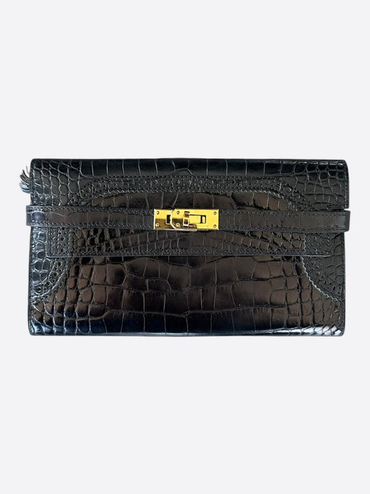 Hermes Black & Blue Crocodile Classic Kelly Wallet