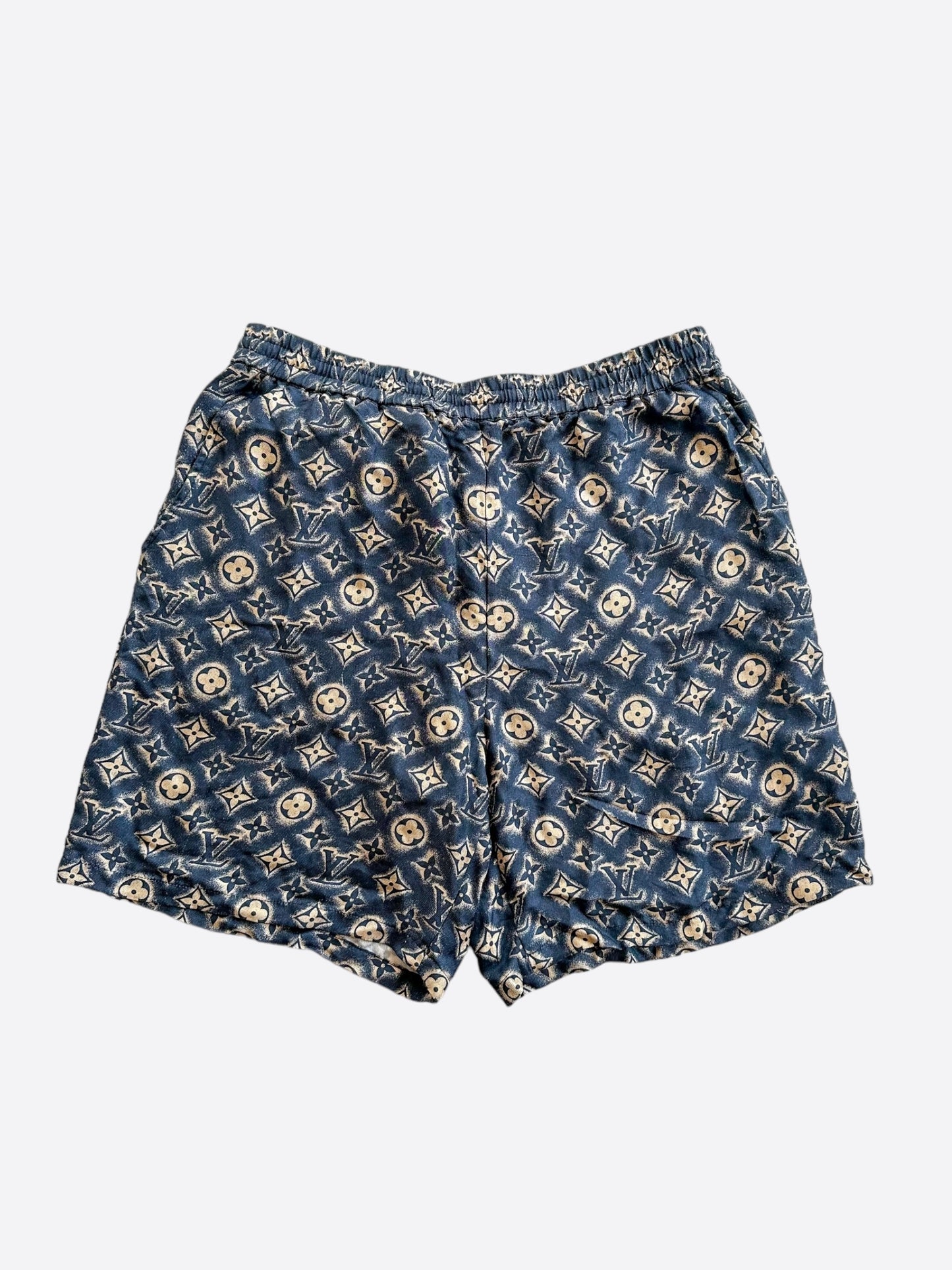 Louis Vuitton Navy & Tan Monogram Silk Shorts