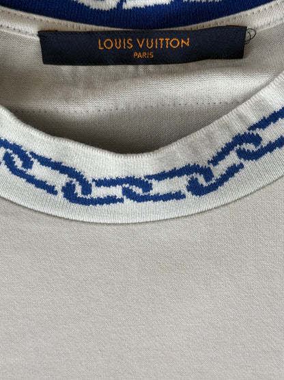Louis Vuitton White & Blue Chain Logo Intarsia T-Shirt