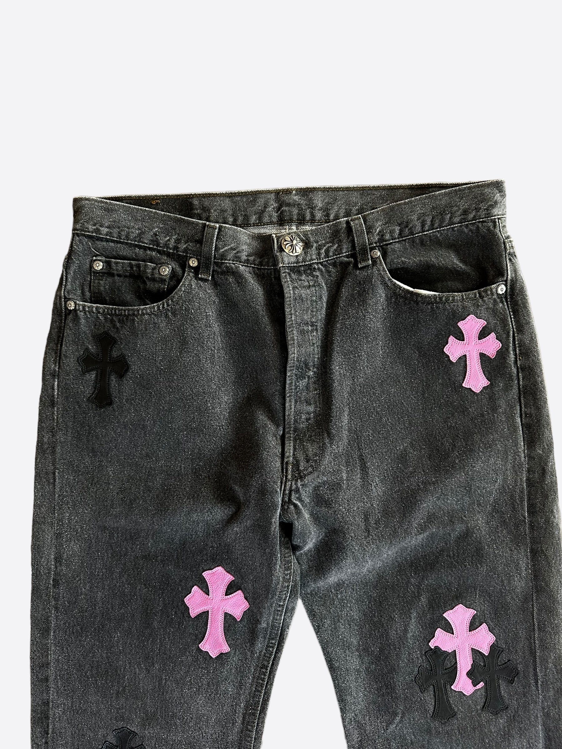 Discount Chrome Hearts Pink Patch Black Distressed Denim