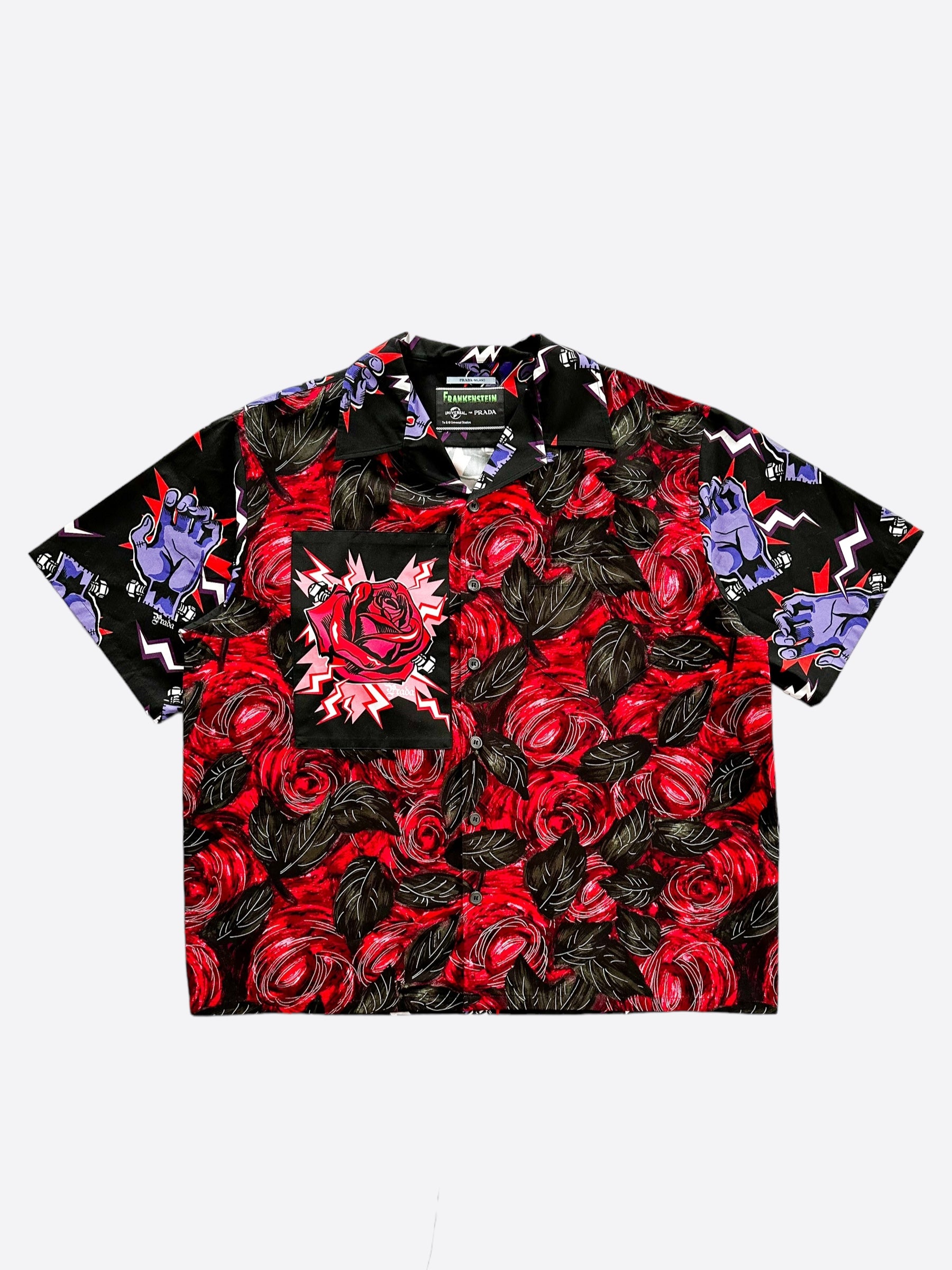 Prada Frankenstein Black Red Floral Button Up Shirt Savonches