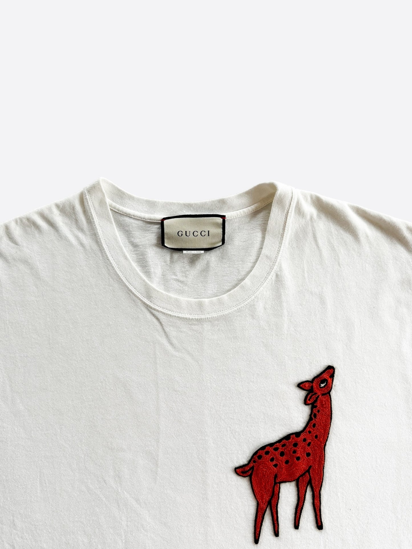 Gucci White Deer Embroidered T-Shirt