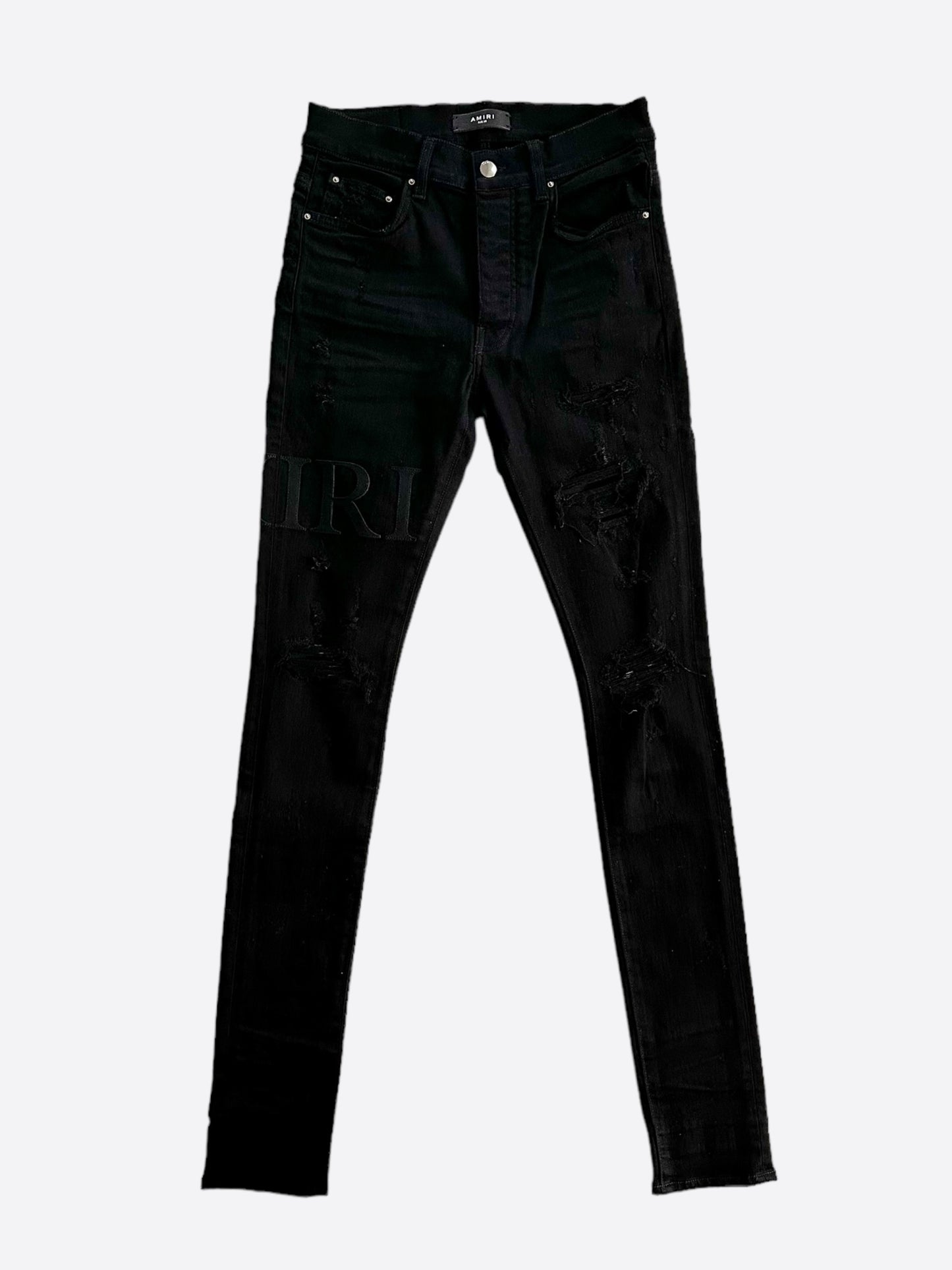 Amiri Black Serif Logo Distressed Jeans