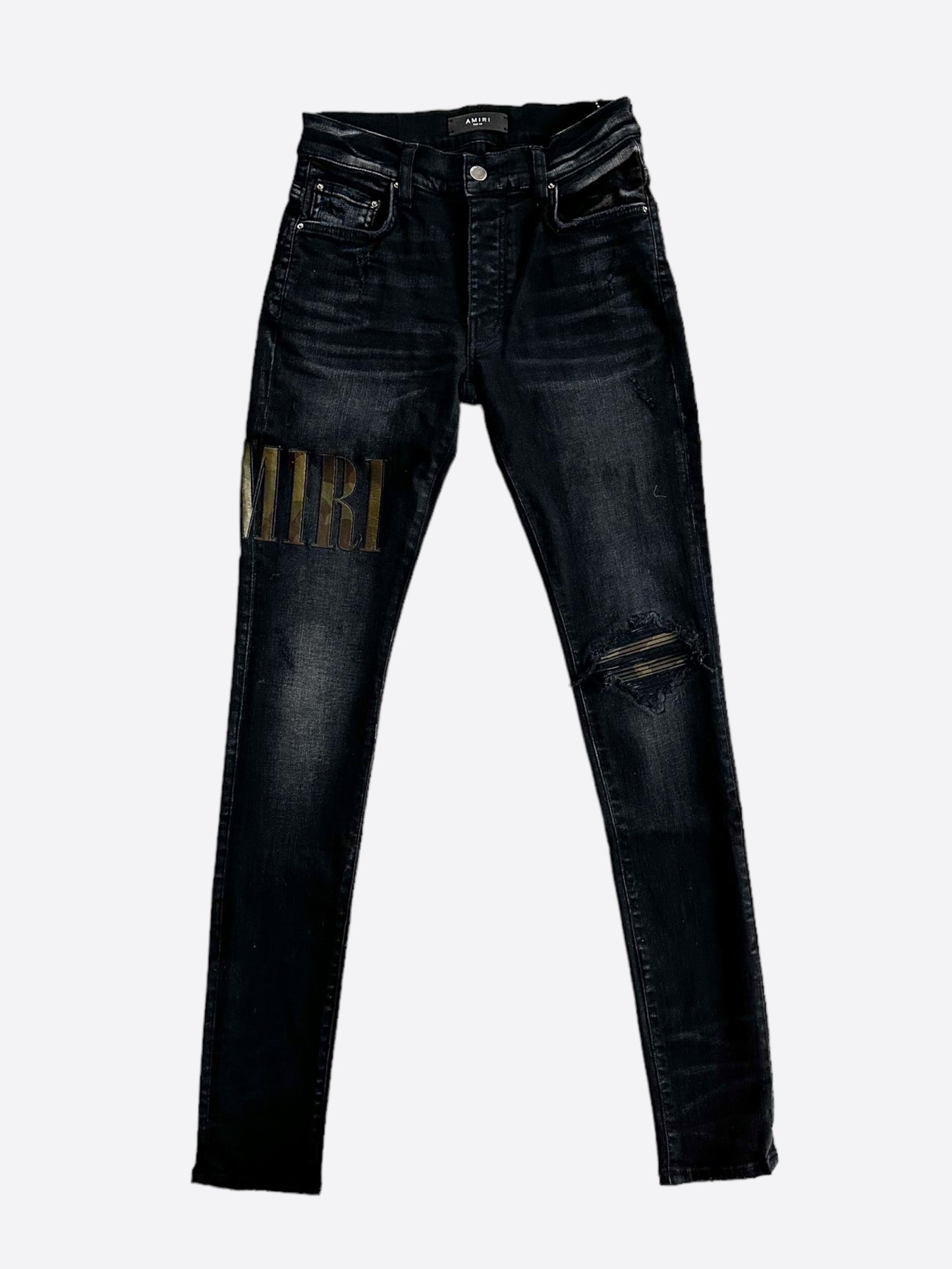Amiri Camo Bones Blue Appliquéd Skinny Jeans for Men Amiri Camo Bones Blue Appliquéd Skinny Jeans for Men