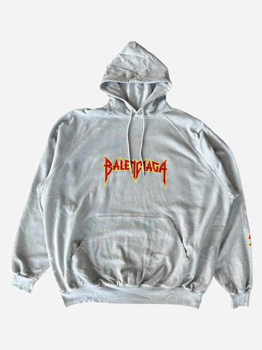 Balenciaga Grey & Red Metal Logo Distressed Hoodie