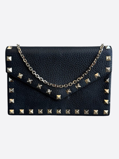 Valentino Black Leather Rockstud Envelope Wallet On Chain Bag