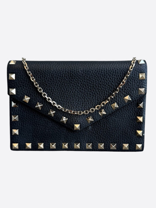 Valentino Black Leather Rockstud Envelope Wallet On Chain Bag