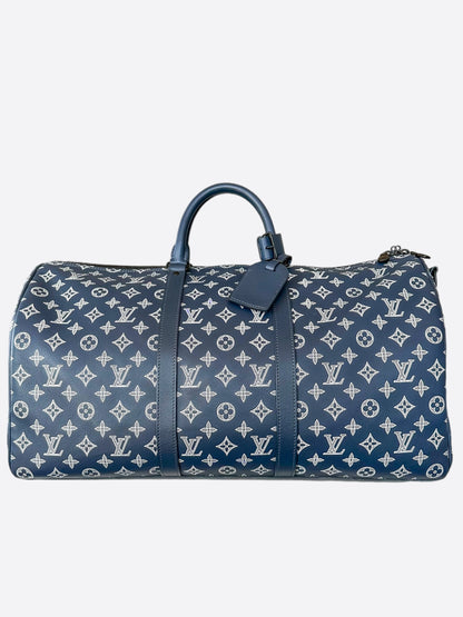 Louis Vuitton Navy & White Monogram Keepall 50