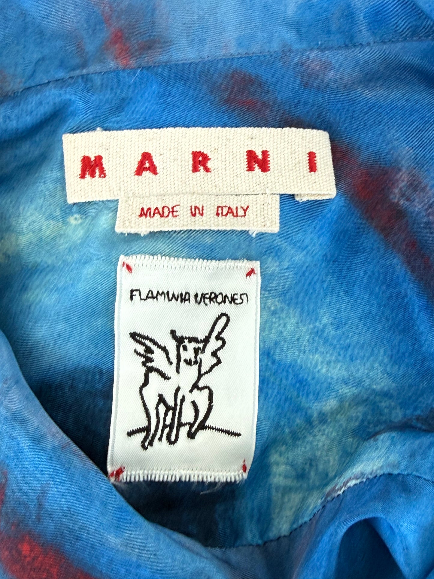 Marni Flaminia Veronesi Blue Buchi Blu Graphic Silk Button Up Shirt