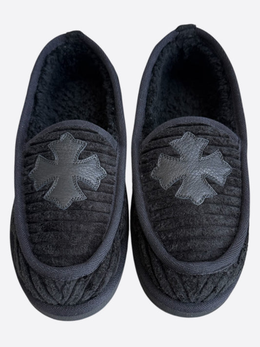 Chrome Hearts Black Corduroy Cross Patch Slippers