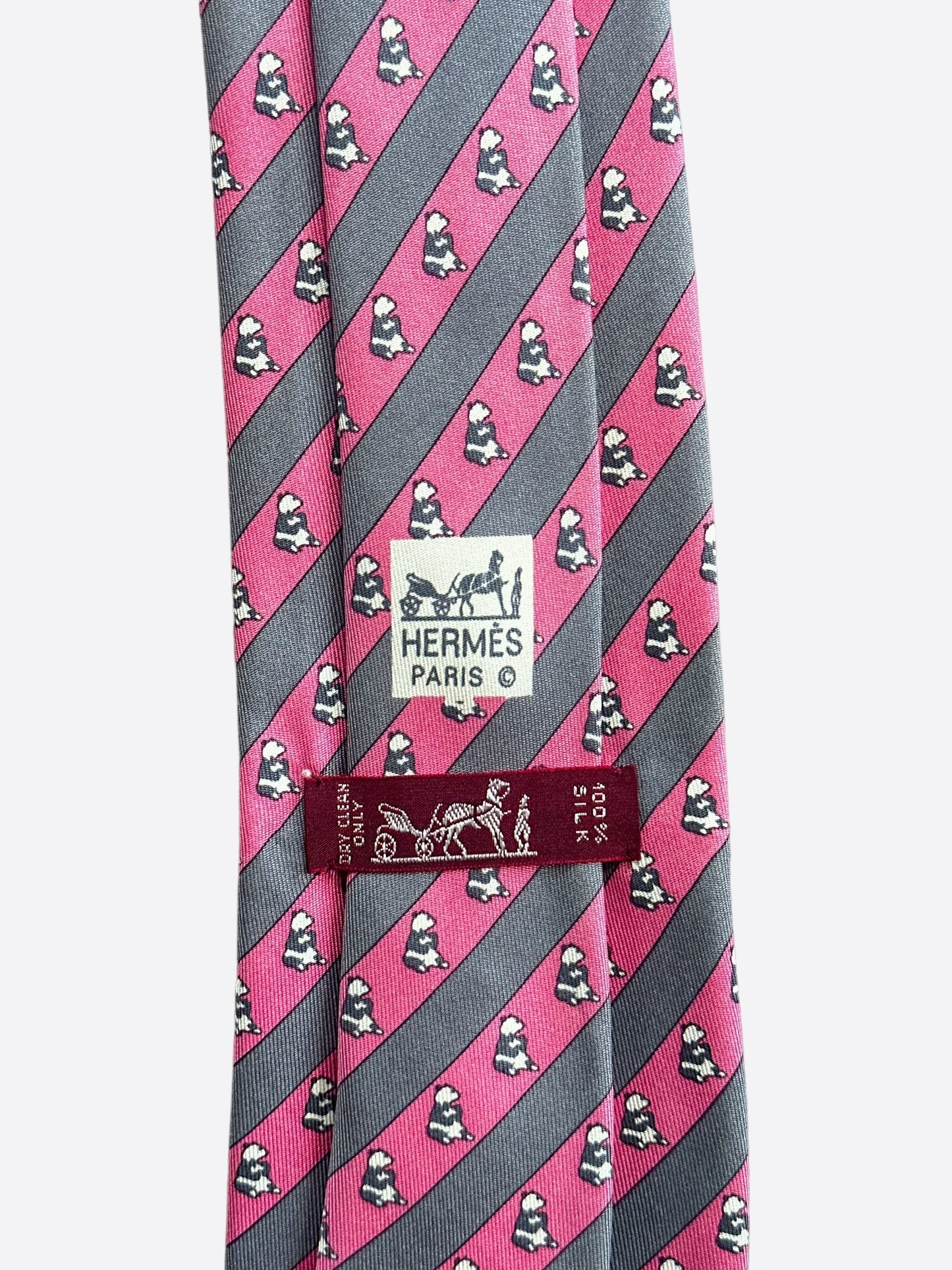 Hermes Pink & Grey Patterned Silk Tie