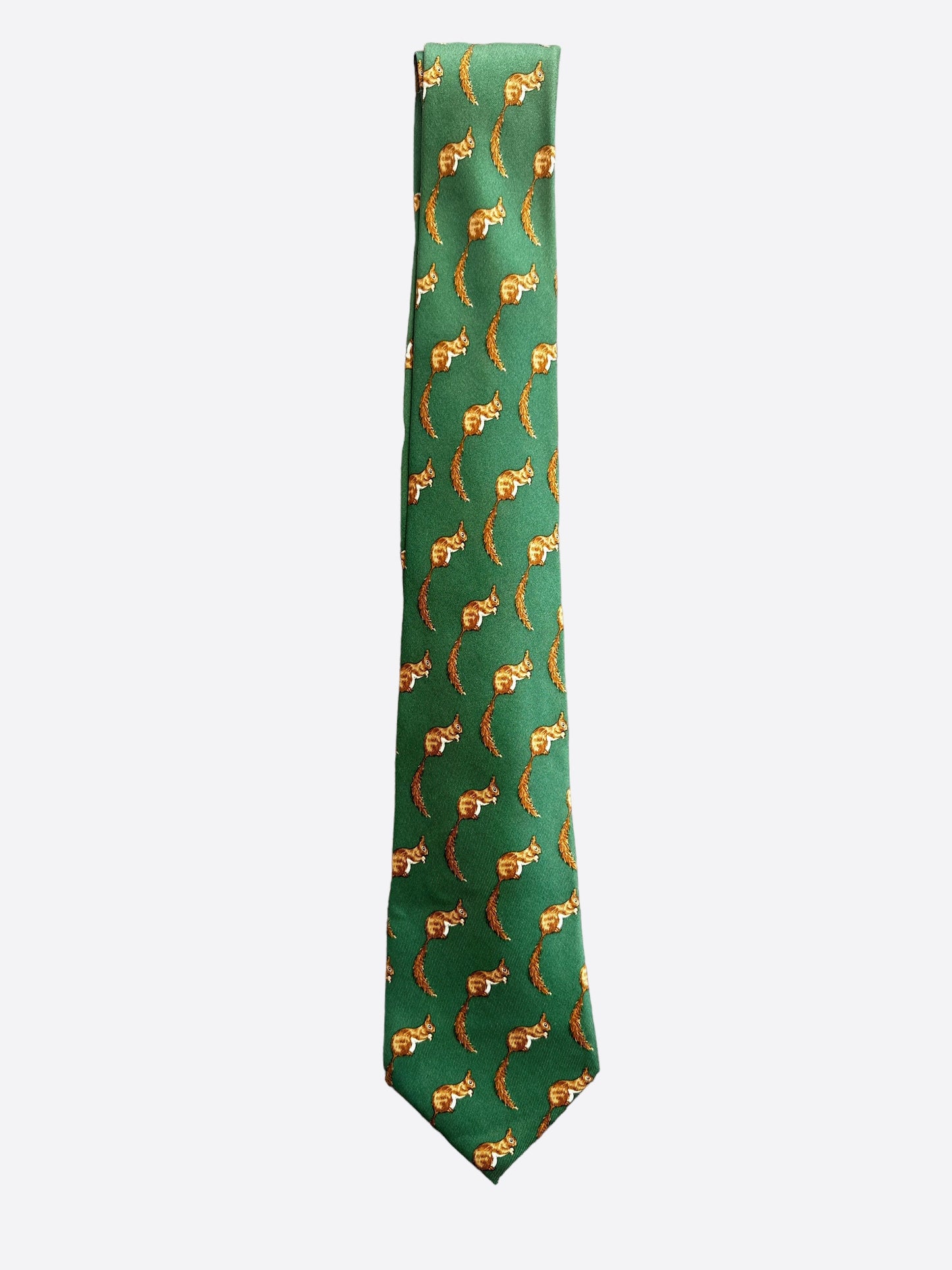 Hermes Green Squirrel Patterned Silk Tie