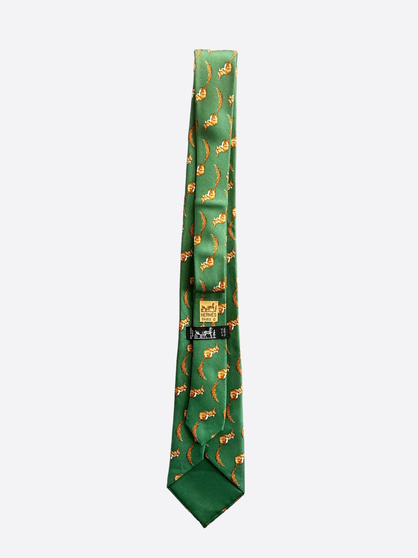 Hermes Green Squirrel Patterned Silk Tie