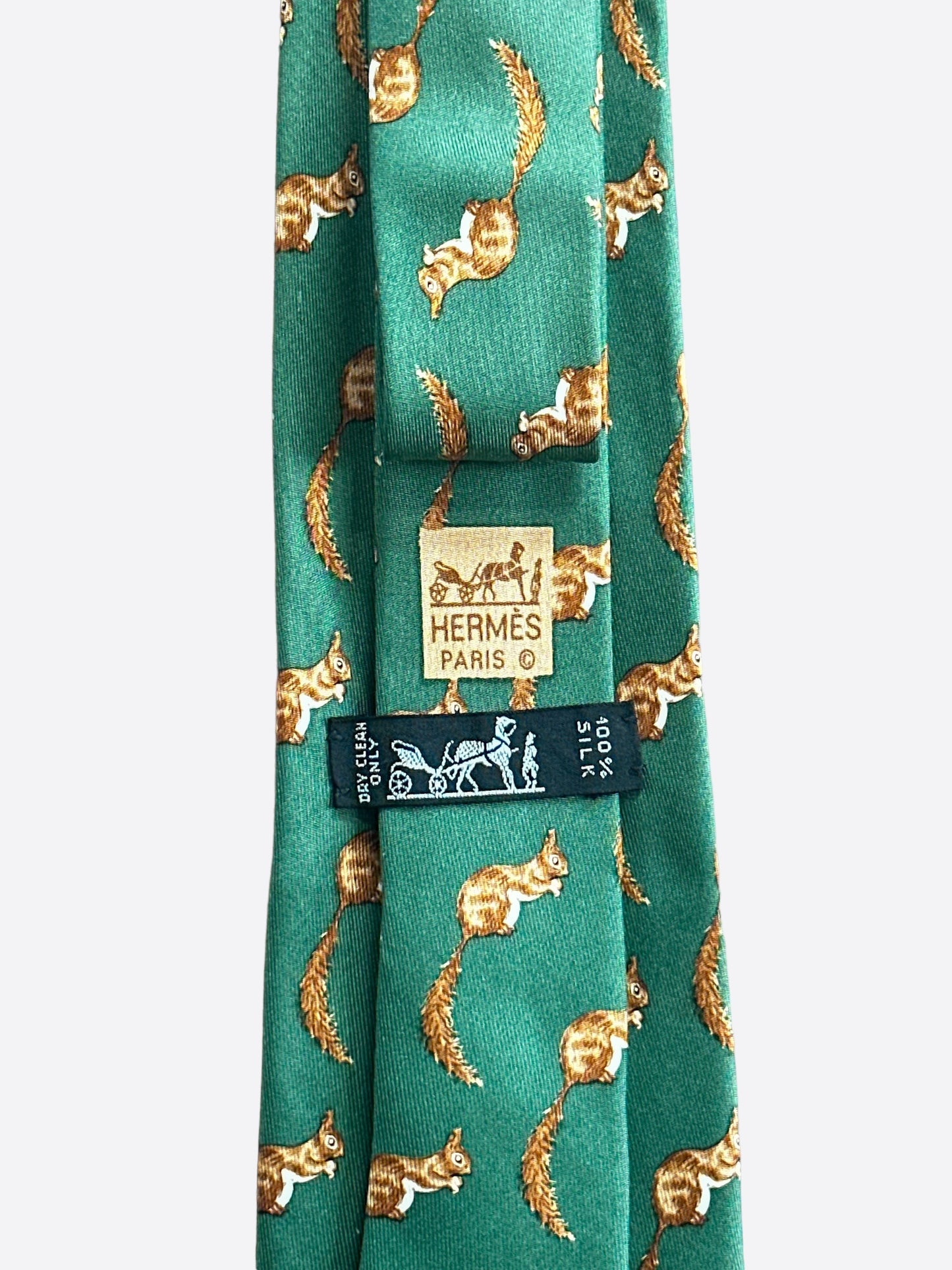 Hermes Green Squirrel Patterned Silk Tie