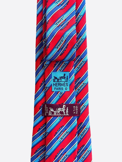 Hermes Red & Blue Patterned Silk Tie