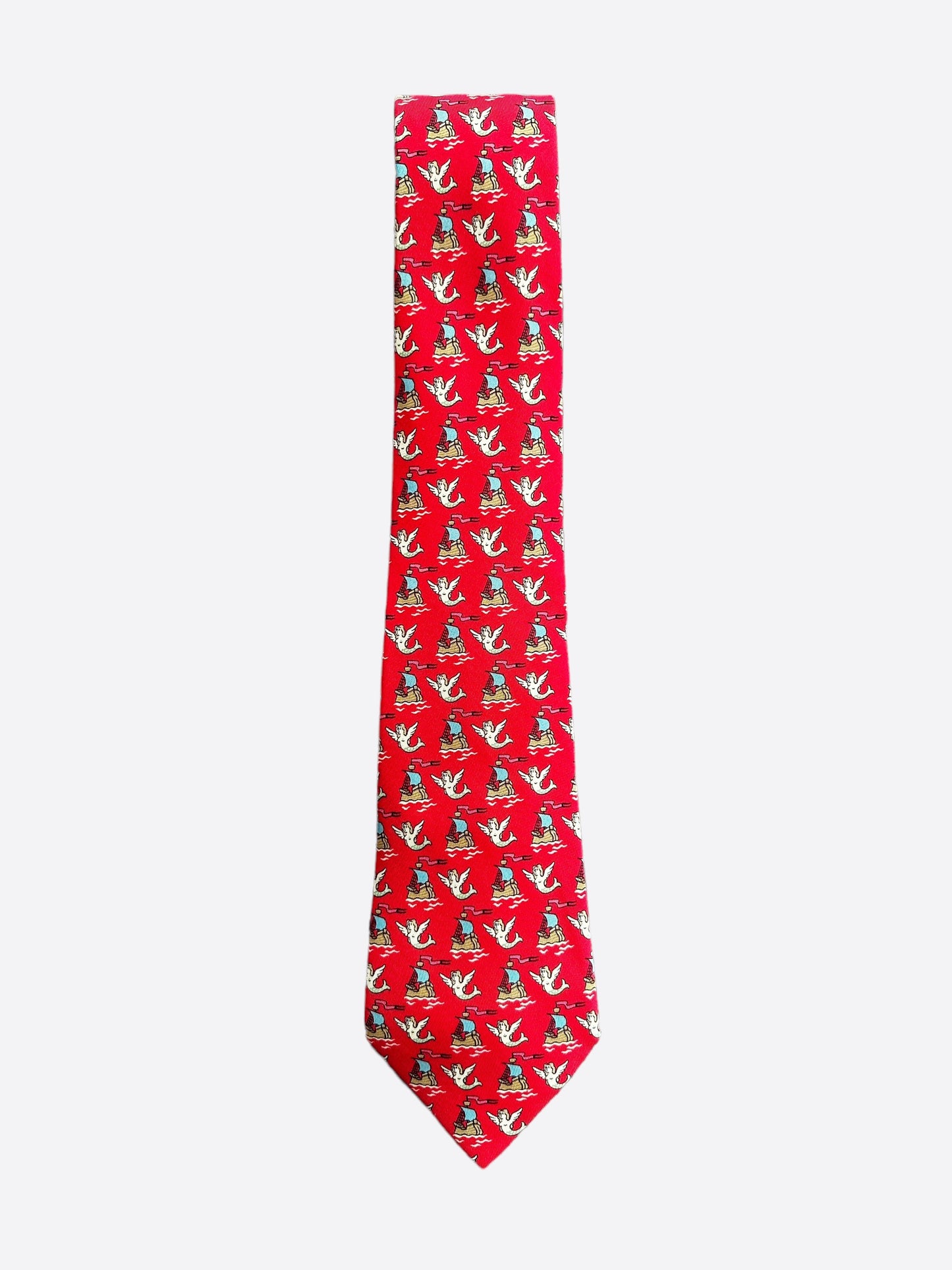 Hermes Red Ship Patterned Silk Tie