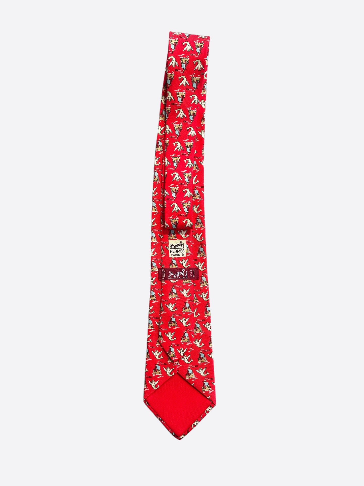 Hermes Red Ship Patterned Silk Tie