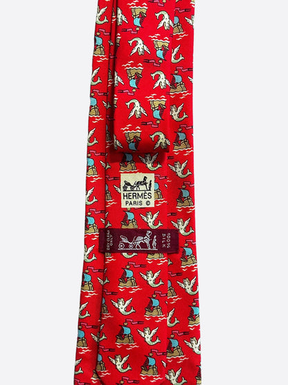 Hermes Red Ship Patterned Silk Tie