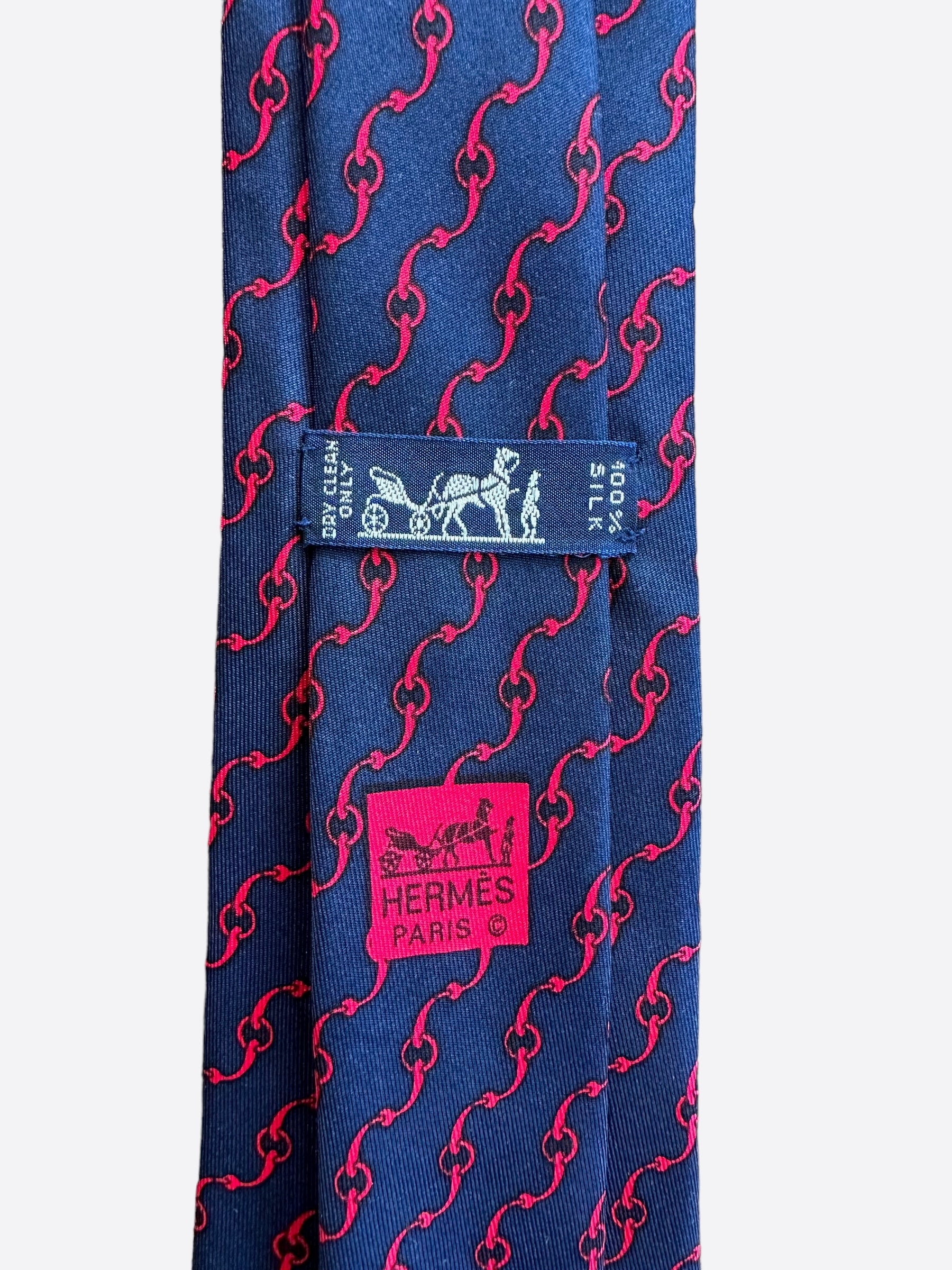 Hermes online Red with Blue Chains Silk Neck Tie