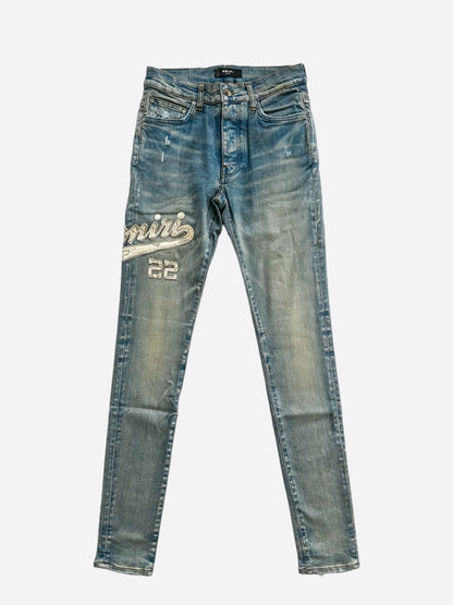 Amiri Clay Indigo Varsity Applique Logo Jeans