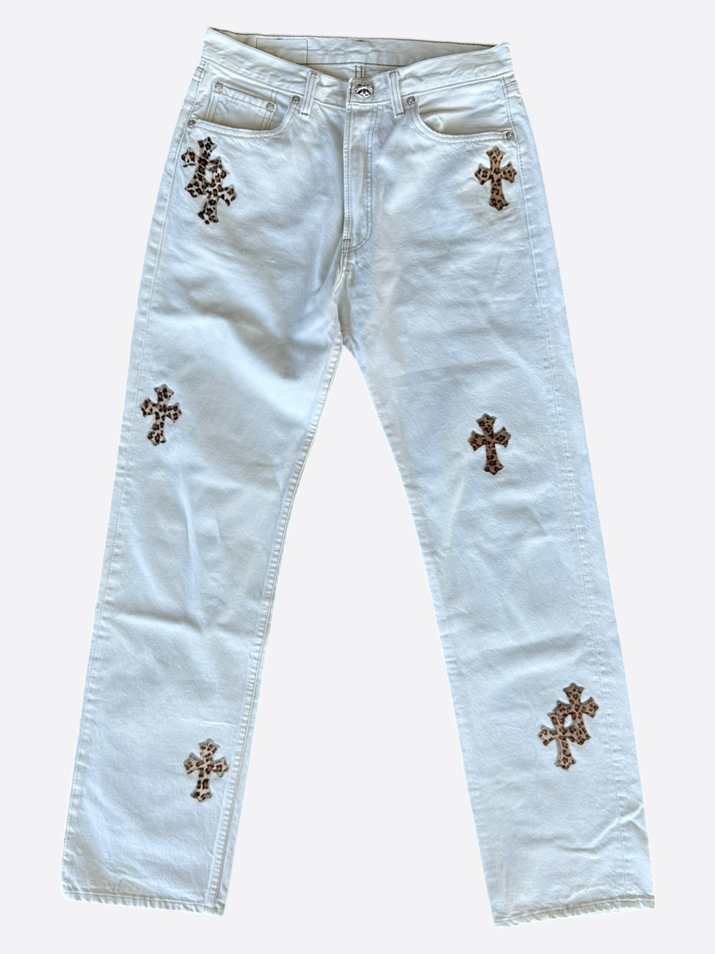 Chrome Hearts Levis White & Cheetah Cross Patch Jeans