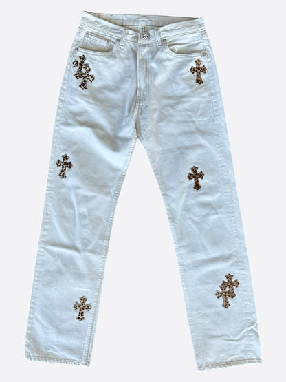 Chrome Hearts Levis White & Cheetah Cross Patch Jeans