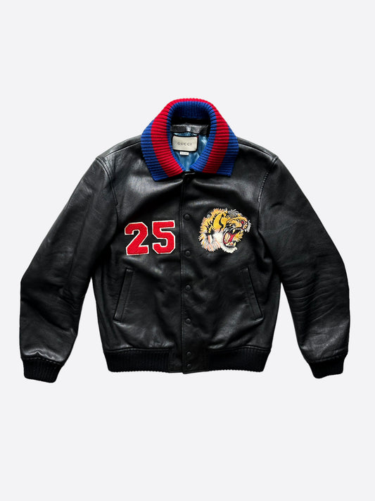 Gucci Black Tiger Head Embroidered Leather Bomber Jacket