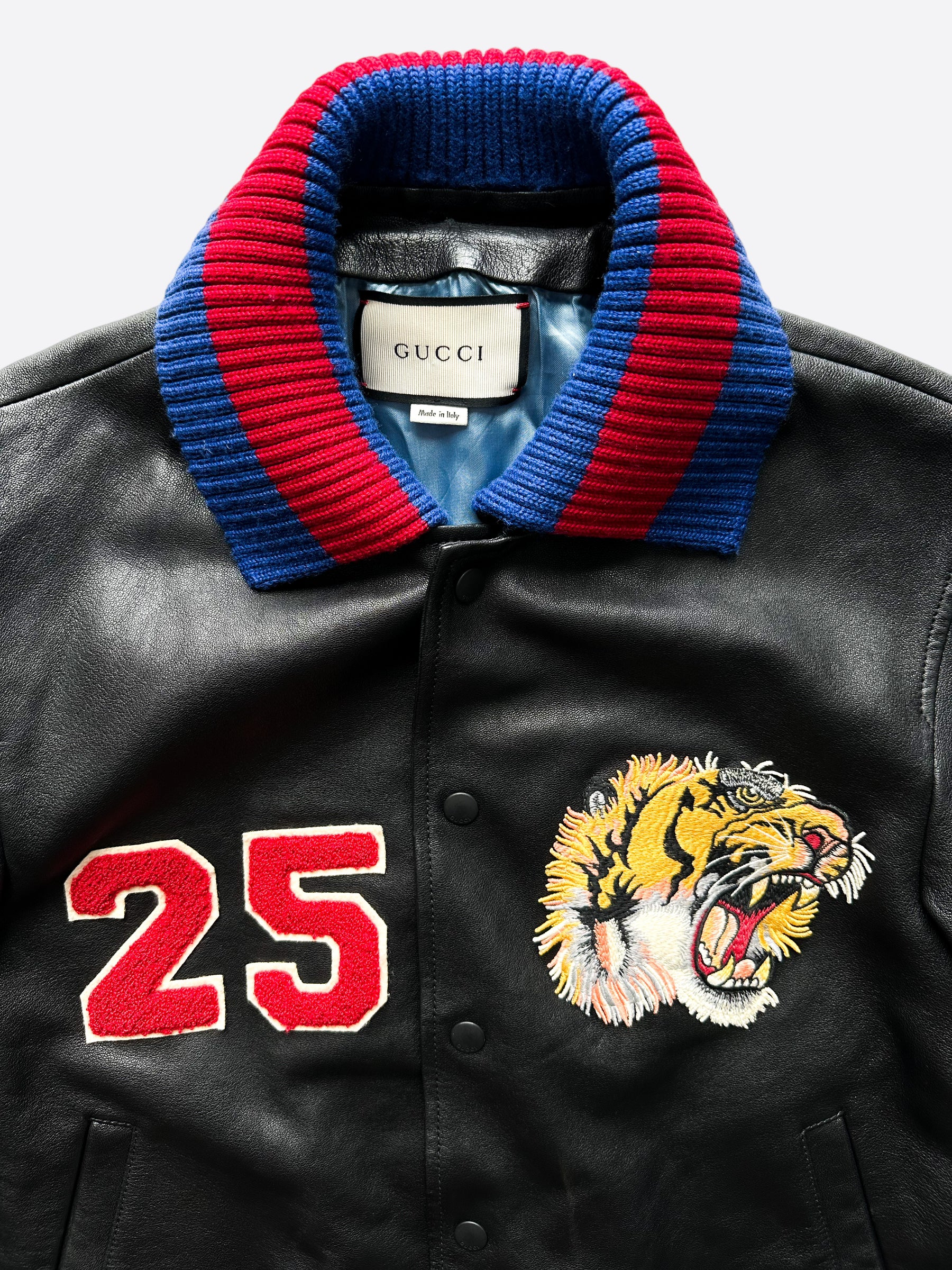 100% Authentic GUCCI Black Embroidered Crystal Tiger Bomber leather Jacket