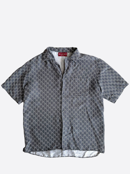 Gucci Grey, Black & White GG Monogram Silk Button Up Shirt