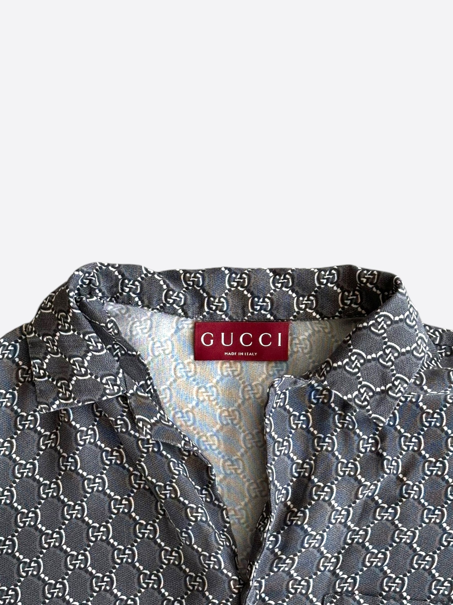 Gucci Grey, Black & White GG Monogram Silk Button Up Shirt