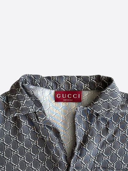 Gucci Grey, Black & White GG Monogram Silk Button Up Shirt