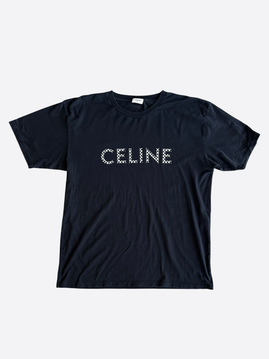Celine Black & Checkered Studded Logo T-Shirt
