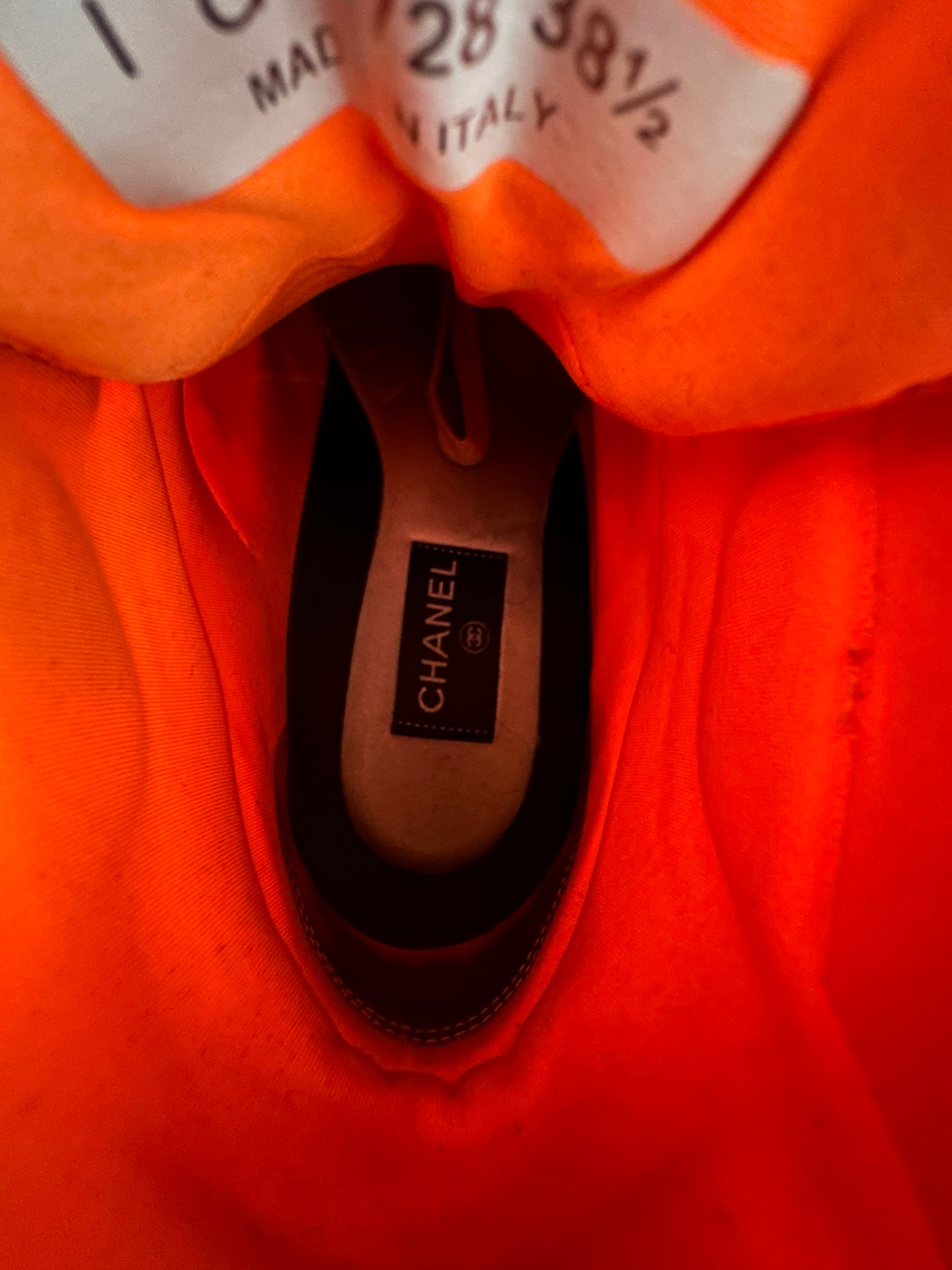 Chanel White & Orange CC Logo High Top Sneakers