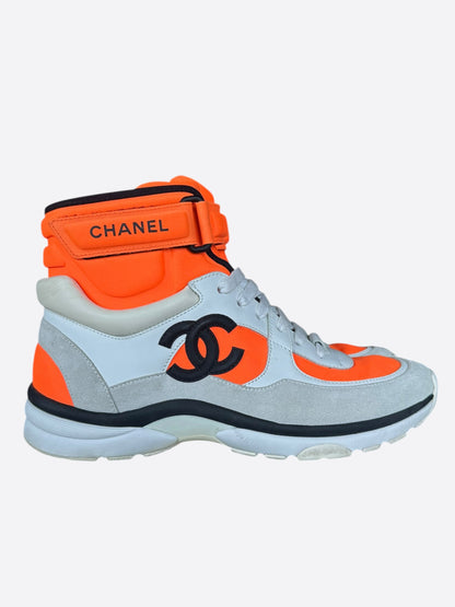 Chanel White & Orange CC Logo High Top Sneakers