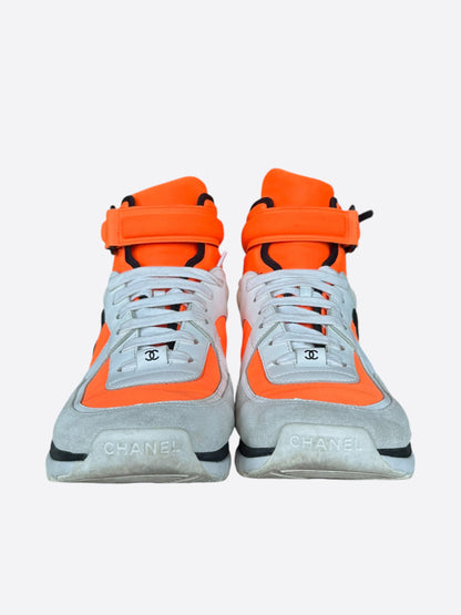 Chanel White & Orange CC Logo High Top Sneakers